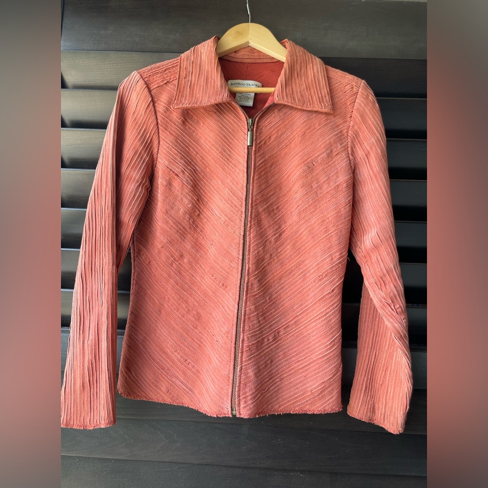 Bamboo Traders 100% Leather Zip Up Jacket Orange Size Small Boho Coastal